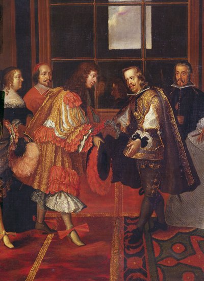 De Ontmoeting van Lodewijk XIV en Filips IV op het Ile des Faisans 7 juni 1660 (detail) door Charles Le Brun